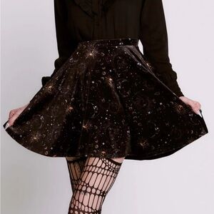 Celestial Velvet Skater Skirt - Black with Bronze Moon Motif